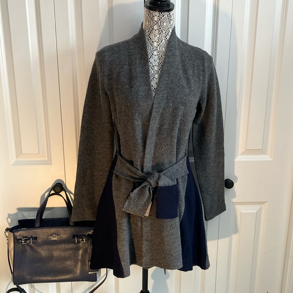 Anthropologie Small  Rosie Neira gray & navy wool sweater w/tie to front/back - Picture 2 of 16